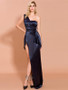 Shop 2021 Dark Navy Satin One Shoulder Ruffles Prom Dress With Slit Under 78