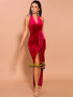 Halter Velvet Red Slit Prom Dress With Belt