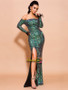 Green Long Sleeve Off The Shoulder Sequin Prom Dress With Slit