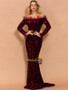 Burgundy Long Sleeve Feather Sequin Sheath Column Prom Dress With Slit