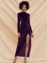 Shop 2021 High Neck Long Sleeve Velvet Ruched Split Thigh Purple Prom Dress Under 65