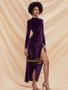 High Neck Long Sleeve Velvet Ruched Split Thigh Purple Prom Dress