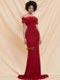 Off The Shoulder Spandex Red Ruffle Trim Maxi Prom Dress