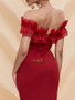 Off The Shoulder Spandex Red Ruffle Trim Maxi Prom Dress