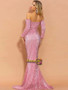 Off The Shoulder Floor Length Sequin Long Sleeve Pink  Bardot Prom Dress