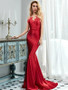 Shop 2021 Red Sleeveless Mermaid Backless Guipure Lace Trim Satin Prom Dress Under 68