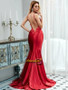 Red Sleeveless Mermaid Backless Guipure Lace Trim Satin Prom Dress