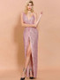 Shop 2021 Pink Plunging Neck Wrap Hem Sequin Prom Dress With Slit Under 68