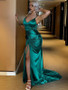 Shop 2021 Ruched Drawstring Knot Green Thigh Satin Sexy Prom Dress With Slit Under69
