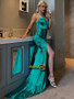 Shop 2021 Ruched Drawstring Knot Green Thigh Satin Sexy Prom Dress With Slit Under69