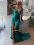 Shop 2021 Ruched Drawstring Knot Green Thigh Satin Sexy Prom Dress With Slit Under69