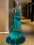 Ruched Drawstring Knot Green Thigh Satin Sexy Prom Dress With Slit