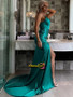 Shop 2021 Ruched Drawstring Knot Green Thigh Satin Sexy Prom Dress With Slit Under69