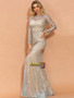 Silver Long Sleeve Glitter Mesh Overlay Fishtail Hem Prom Dress