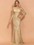 Shop 2021 Gold Long Sleeve Glitter Mesh Overlay Fishtail Hem Prom Dress Under 73
