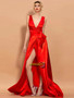 Red Satin Plunging Neck Wrap Belted Satin Prom Dress With Slit
