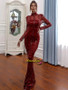 Shop 2021 Long Sleeve Burgundy Mock-neck Sequin Mermaid Prom Dress Under 69