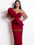 Unique Burgundy Ruffle One Shoulder Peplum Pencil Prom Dress