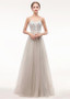 Tulle Spaghetti Straps Beading Grey  A-line Prom Dress