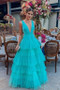 Shop 2021 Deep V Neck Ice Blue Turquoise Tulle Ruffle A Line Prom Dress Under 189