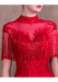 Red Satin Illusion High Long Evening Dress With Beadings
