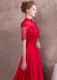 Red Satin Illusion High Long Evening Dress With Beadings