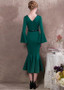 Green Satin V-neck  Hi-lo Mermaid Formal Dress With Belt