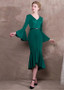 Green Satin V-neck  Hi-lo Mermaid Formal Dress With Belt