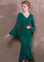 Green Satin V-neck  Hi-lo Mermaid Formal Dress With Belt
