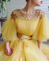 Buy 2021 Yellow Tulle Cap Sleeves Scoop Beading A Line Prom Dress With Belt Under 168