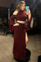 Shop 2021 Long Sleeve Spandex High Neck Burgundy Cold Shoulder Two Piece Prom Dress With Slit Under 145