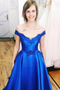 Shop 2021 Off The Shoulder Satin Royal Blue Sweep Train Appliques Beading Prom Dress Under 168