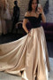Shop 2021 Black And Champagne Satin Beading Off The Shoulder Prom Dress With Pockets Under 129