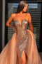 Shop 2021 ANNAKOO Rose Gold Sequin Tulle Sheath Column Sweetheart Detachable Train Prom Dress With Slit Under 189