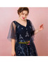 Navy Blue V Neck Star Pattern Puffy Sleeves Plus Size Prom Dress