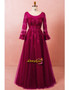 Round Neck Burgundy Long Flare Sleeves Lace Plus Size Prom Dress