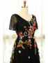 Black Tulle Colorful Flowers V Neck Embroidery Plus Size Prom Dress