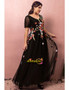 Black Tulle Colorful Flowers V Neck Embroidery Plus Size Prom Dress