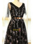 Long Black Star Pattern Puffy Sleeves V Neck Plus Size Prom Dress