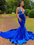 Buy 2021 Mermaid Deep V Neck Royal Blue Velvet Backless Appliques Prom Dress Under 165