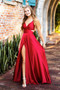 Shop 2021 Red Spaghetti Straps Cut Out Satin Long Prom Dress With Slit Under 98