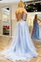 Shop Annakoo 2021 Light Blue Tulle Spaghetti Straps Appliques Long Prom Dress With Slit Under 138