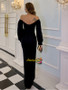 Black Off The Shoulder Spandex Long Sleeve Ankle Length Prom Dress With Slit