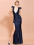 Shop 2021 ANNAKOO Royal Blue Sequin Sheath Column V Neck Feather Prom Dress Under 75