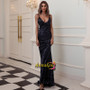 Spaghetti Straps Sequin Long Trumpet Mermaid Navy Prom Dress