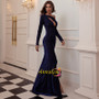 Sparkle Navy Sheath Column Long Sleeve Keyhole Prom Dress