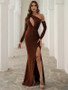 Buy 2021 Annakoo Brown Sparkle Sheath Column Long Sleeve Keyhole Prom Dress Under 69