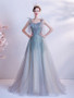 Straps Tulle Blue Sequin Backless A Line Ruffles Prom Dress
