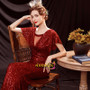 Red Cap Sleeve Sheath Column See Through Sequin Prom Dress