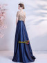Short Sleeves Color Rhinestone Blue Satin Scoop A Line Prom Dress